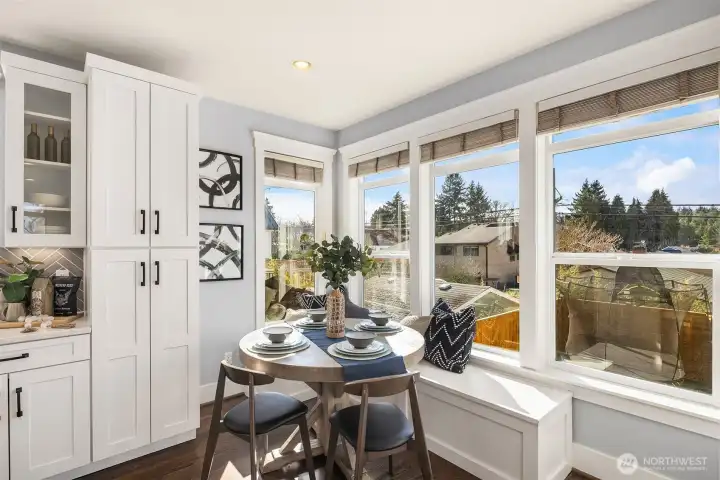 Breakfast nook with custom built-in bench seating + storage
