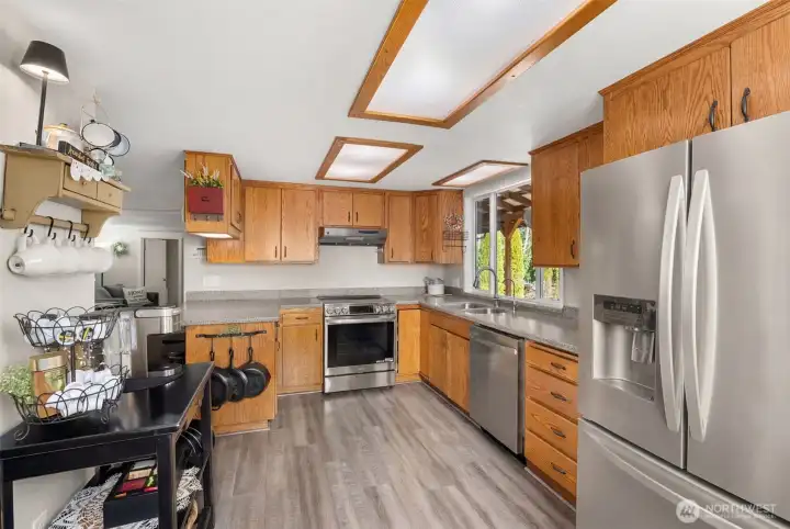 Kitchen with stainless appliances.