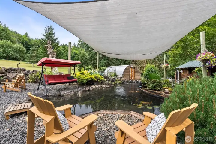 Koi Pond with green house & garden shed.