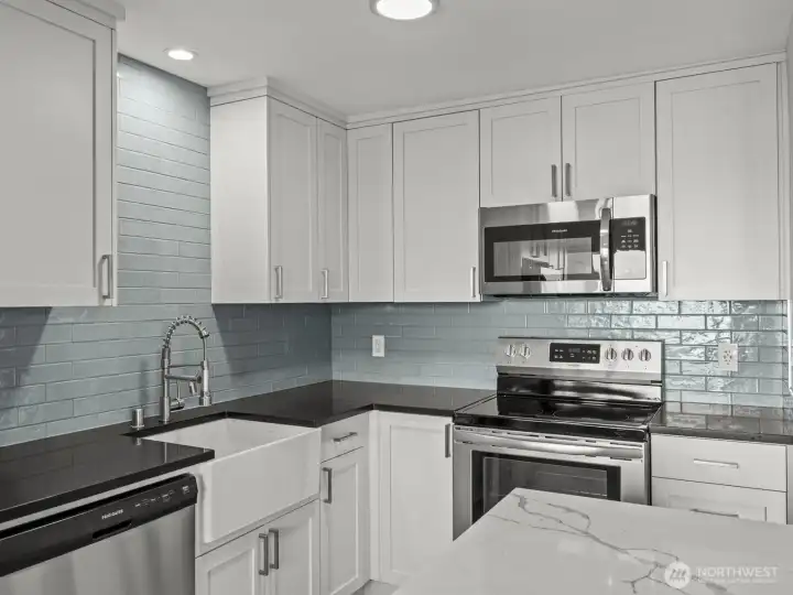 This stunningly updated kitchen has storage galore.