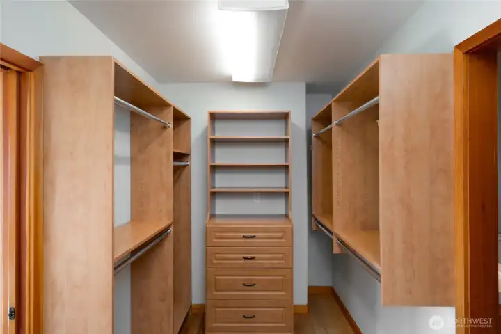 primary suite walk-in closet with custom built-ins