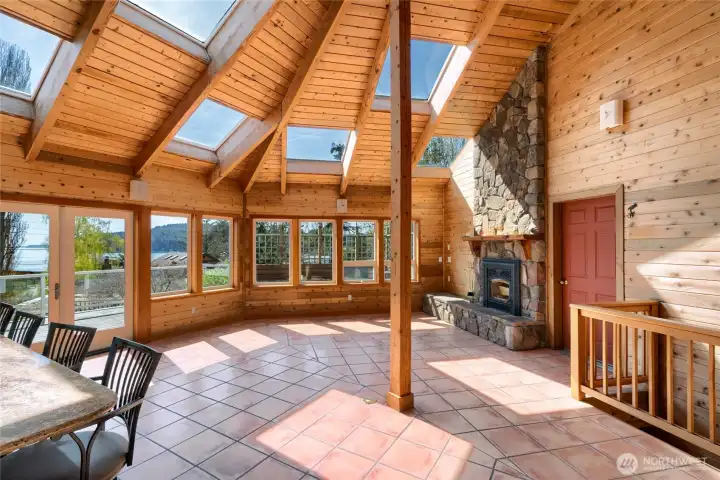 Atrium has high ceilings with wide skylights