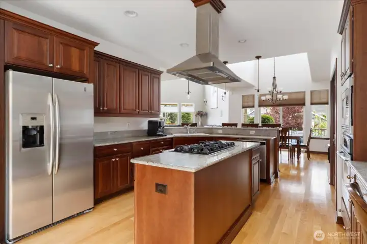 Stainless Steel double door refrigerator, and an island that has natural gas cooktop with stainless steel Overhead Fan.