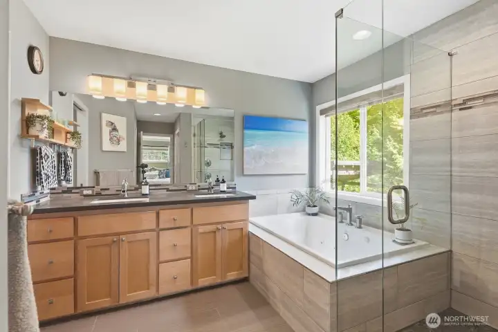 5-piece bath with a jetted tub, quartz vanity.
