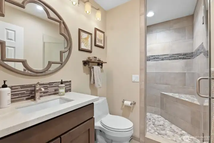 Beautiful 3/4 bath on the lower level.