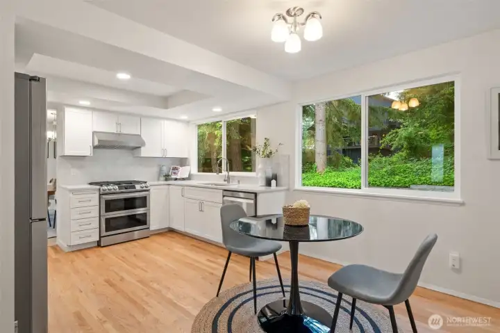 Eat In Kitchen - New Cabinets, Appliances, paint, lighting & newly refinished oak hardwood floors