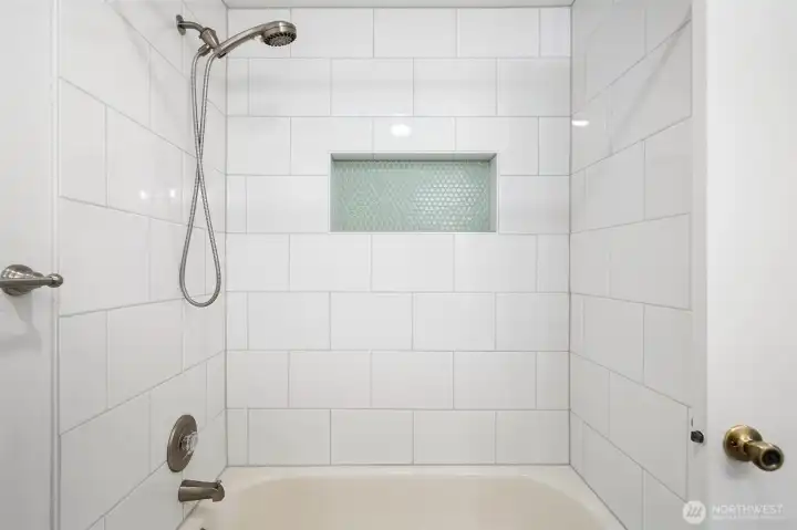 Second level hall bathroom - fresh tile, paint and cabinetry
