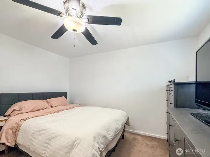 Bedroom #3 Newly Painted with New Ceiling Fan, also Window and Closet