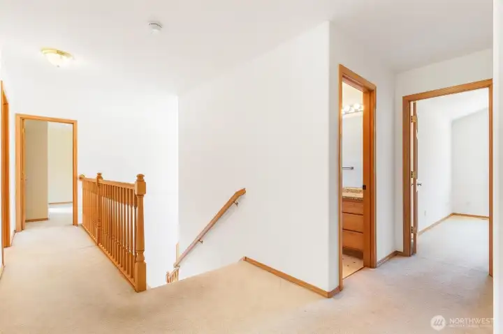 The upper-level landing leads to 4 spacious bedrooms and versatile bonus rooms. The upper-level landing leads to 4 spacious bedrooms and versatile bonus rooms.
