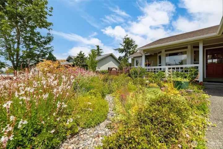 Cottage gardens in the front with gravel walk