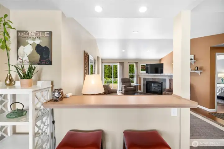 Eating bar for two looking into the living room