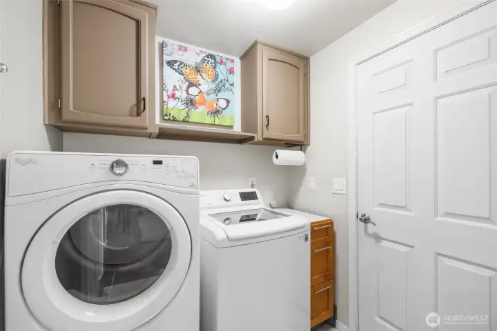 Laundry off the garage. Washer and dryer stay with the home. There is a sink in the garage too.