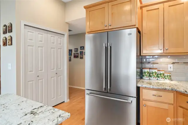 Pantry is to the left of the fridge.