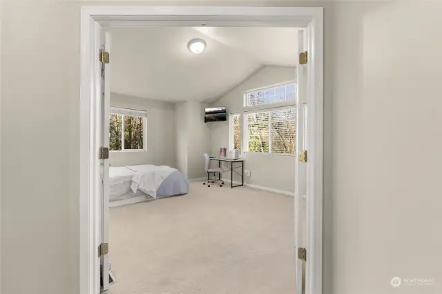 Double doors lead to the grand Bedroom #3, and with its floor-to-ceiling windows, this room is basically the VIP suite of the house. If there’s a battle over bedrooms, prepare for full-on rock-paper-scissors battle.