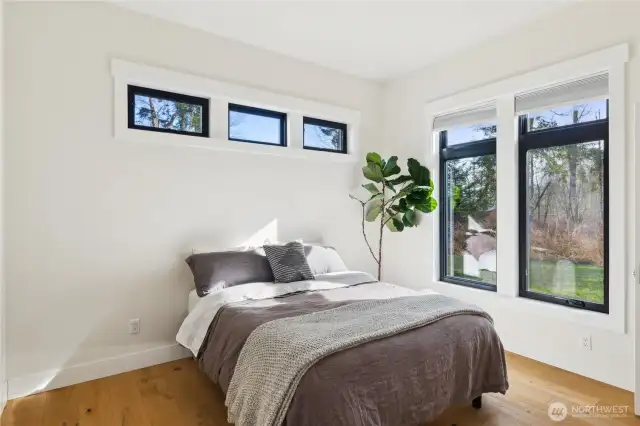 Guest bedroom #2 is flooded with light! Wood floors and high ceilings.