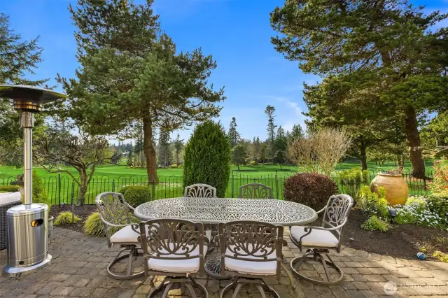 The dining area, situated just off the main dining room, is perfectly positioned along the 17th fairway, offering a front-row seat to the engaging activity of golfers as they approach the final stretch of their game.