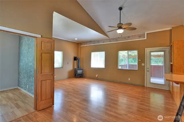 Bedroom to the left living room and dining room straight ahead.