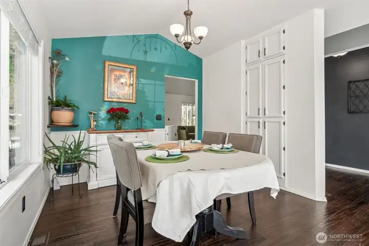 The dining area has its own storage closet