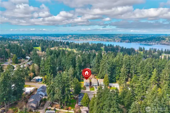 Another bird’s-eye look at the property, showcasing the wide corner lot and its open, inviting setting