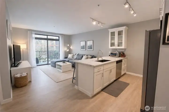 Kitchen with view into the living room