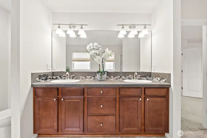 Large vanity with double sinks.