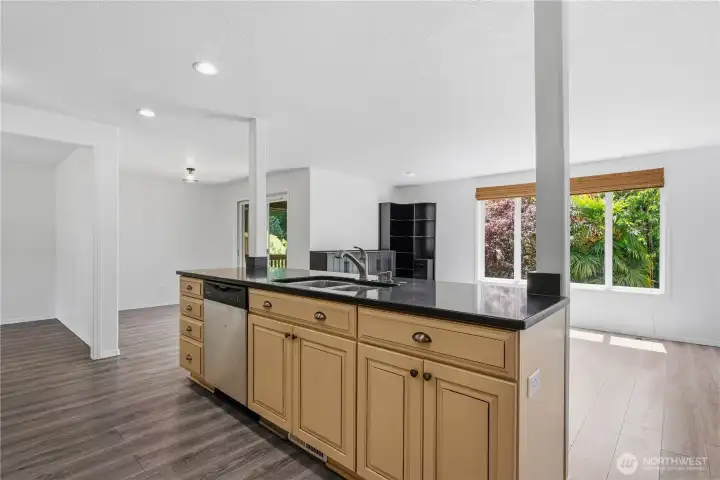 Kitchen looking out to family room