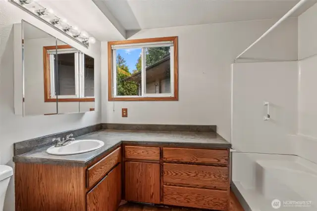 Step-in shower, oversized vanity & medicine cabinet in your bath ensuite just off main bedroom.