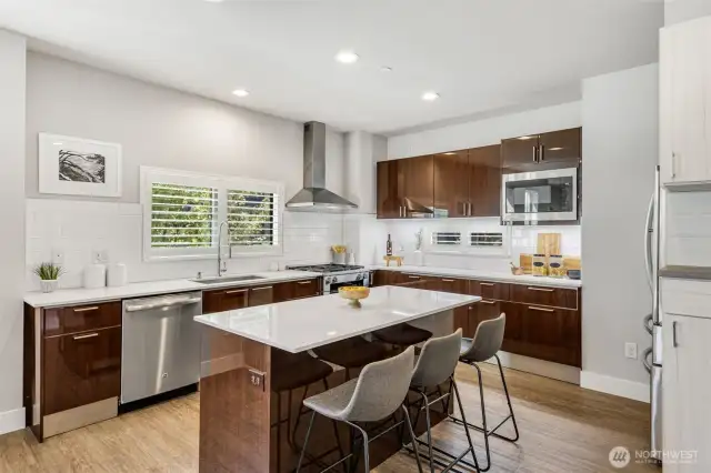 Kitchen features integrated under-cabinet lighting for enhanced visibility and a modern touch and Norman brand window shutters
