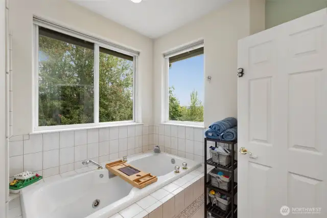THe large jetted tub is wrapped in windows, adding to the luxurious feel.