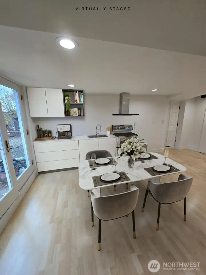 Plumbed and wired for a lower-level kitchen.