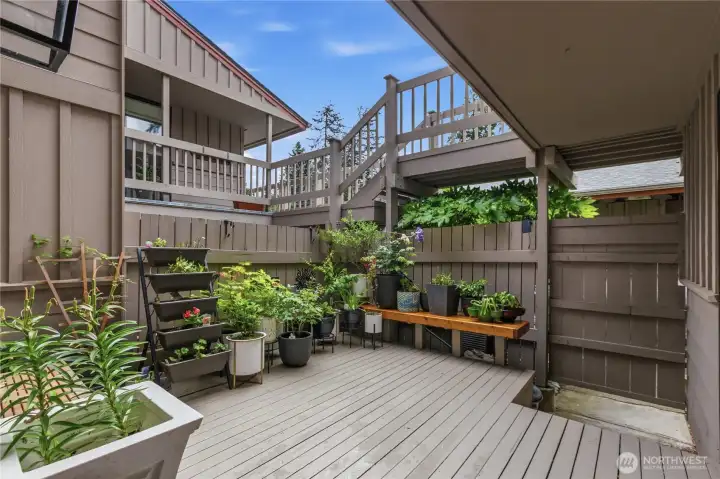 Spacious patio courtyard creates a peaceful outdoor retreat for morning coffee, container gardening, or relaxing with friends.