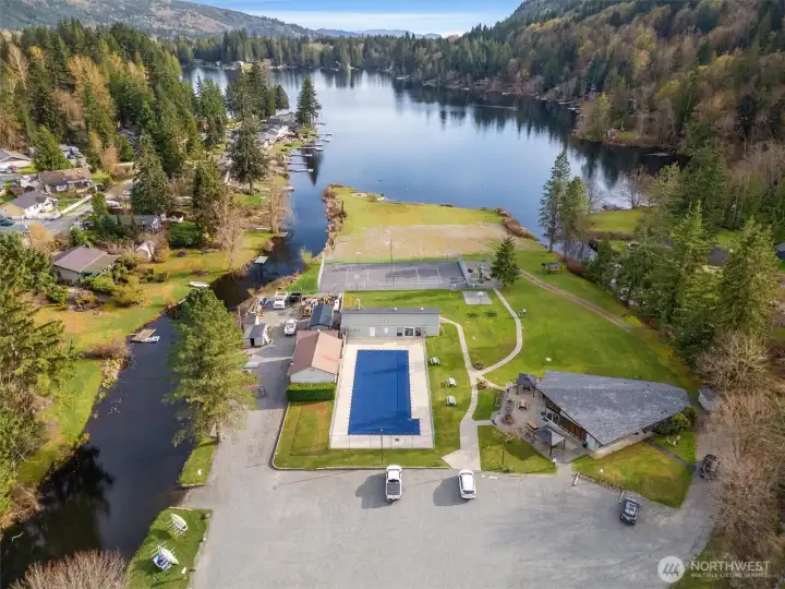 Community center with pool, sport courts, waterfront park, and clubhouse.