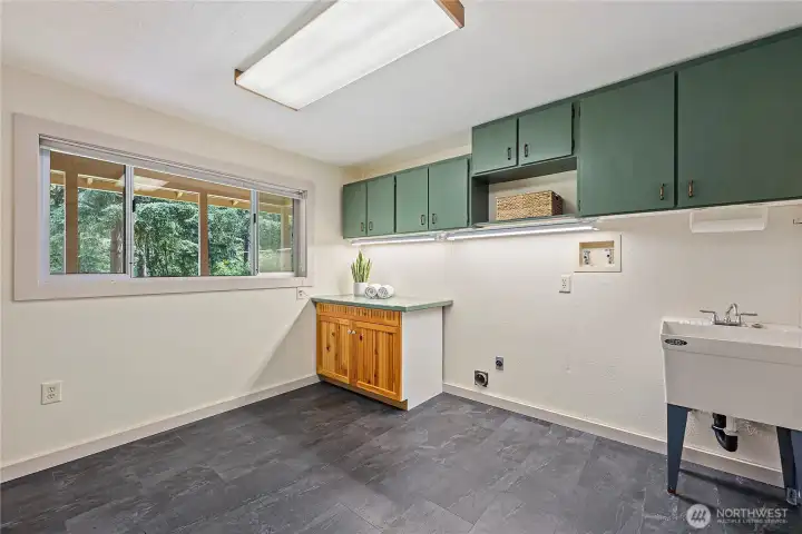 Large laundry room with cabinetry and utility sink, behind the door is fabulous shelving as well