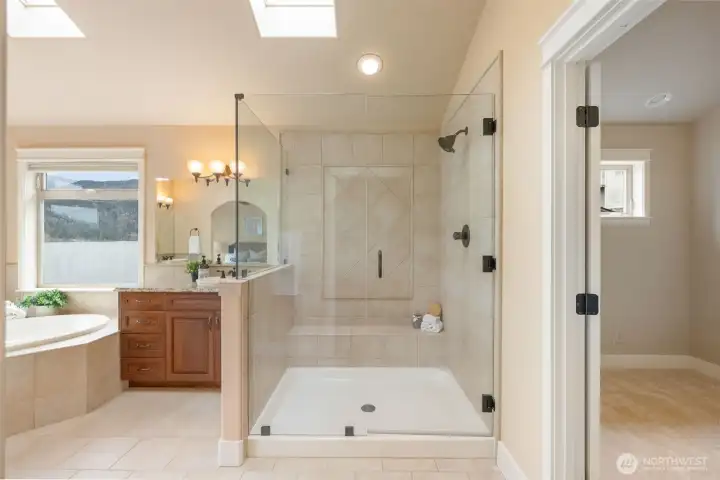 Grand walk in shower and separate bath.