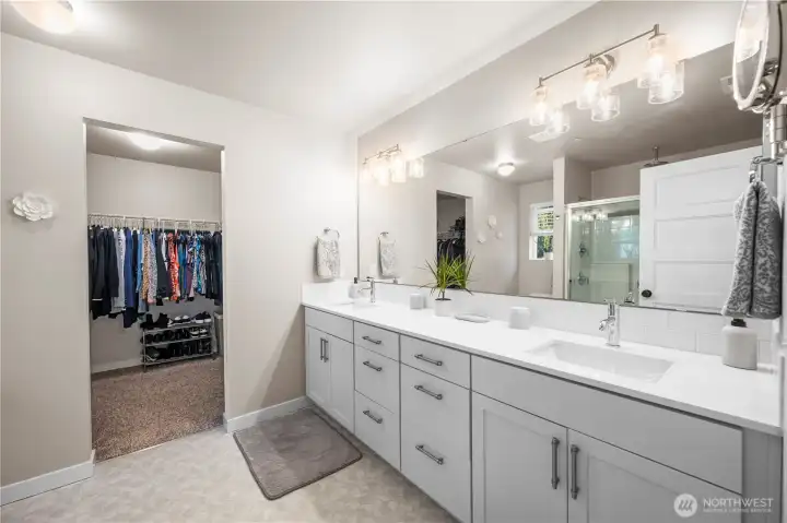 Primary bathroom with double sinks.