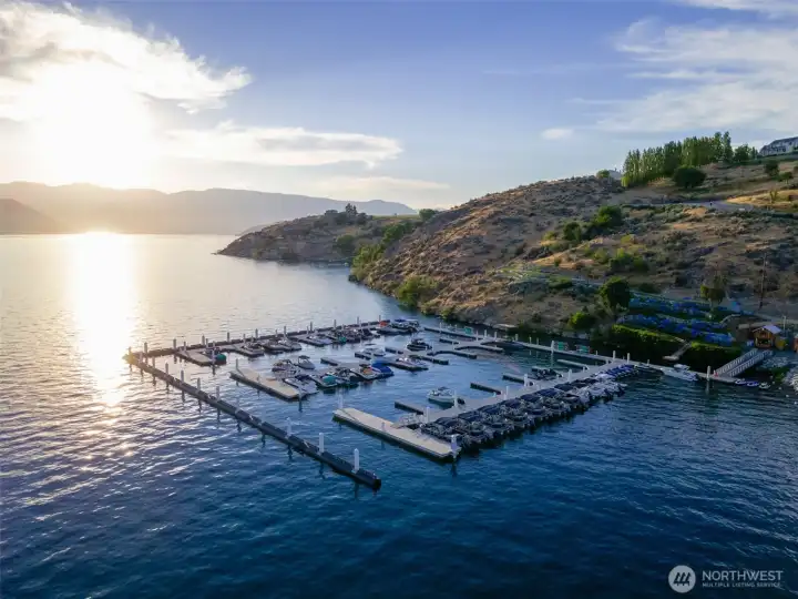 Aerial view of The Lookout's private marina and waterfront.