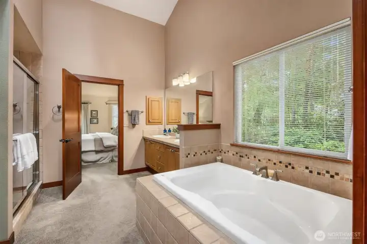 Gigantic soaking tub and walk-in-shower.