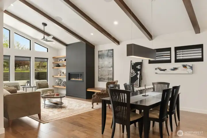 Vaulted ceilings with wood beams - main living with speakers
