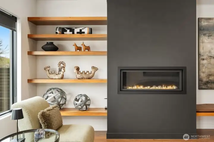 Gas fireplace and custom shelving