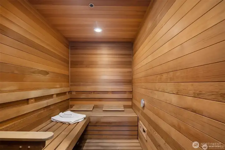 A sauna right off the gym for immediate relaxation and indulgence. A sauna right off the gym for immediate relaxation and indulgence.