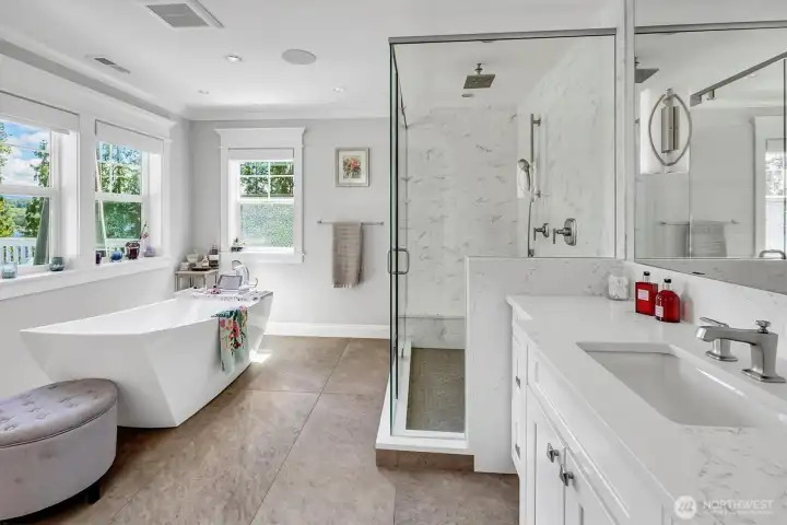 Sunny Primary bath has two sinks, windows to wake to! Sunny Primary bath has two sinks, windows to wake to!