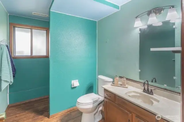 Downstairs bathroom with new counter and shower.