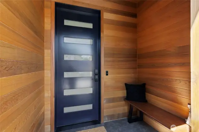 Warm wood accented entry