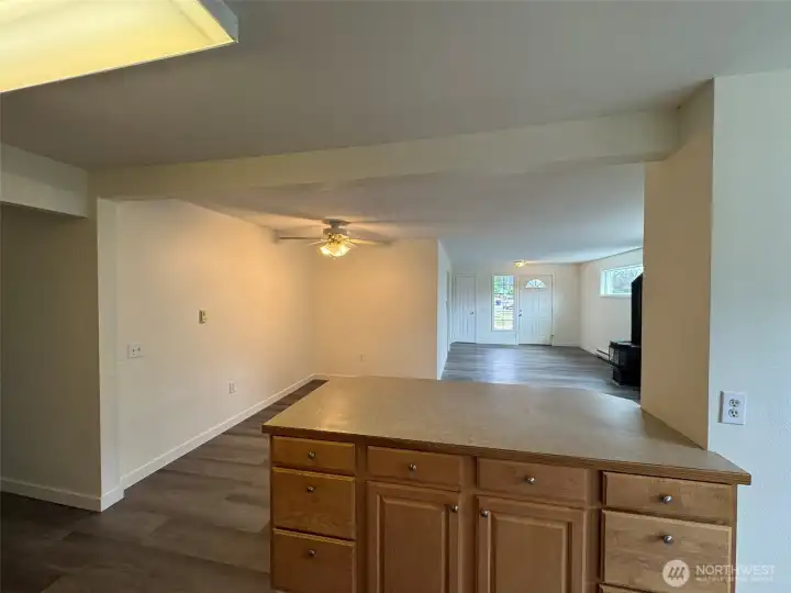 Kitchen peninsula/bar looking back at dining area & living room