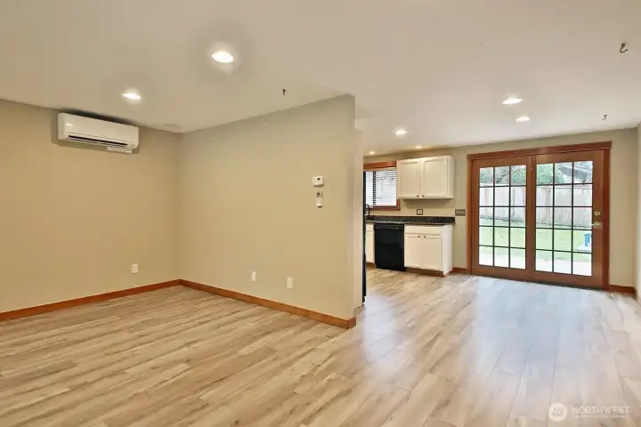 The kitchen and living area are open to each other.