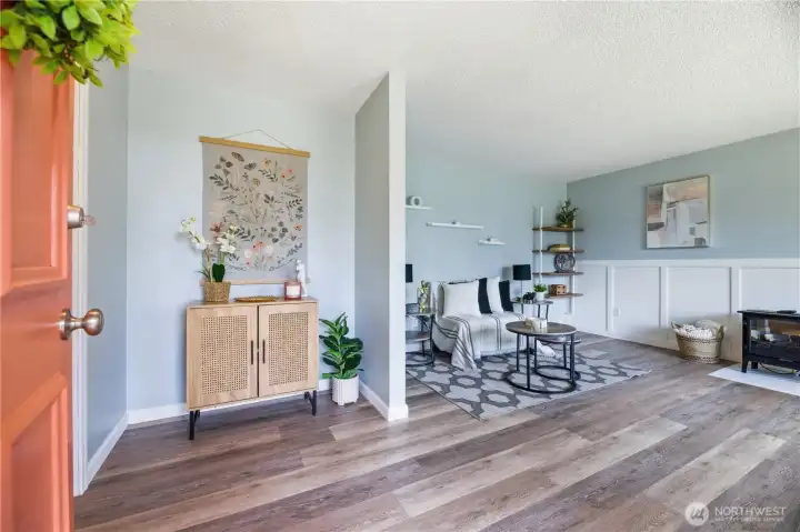 New luxury vinyl plank flooring, living room with electric fireplace,