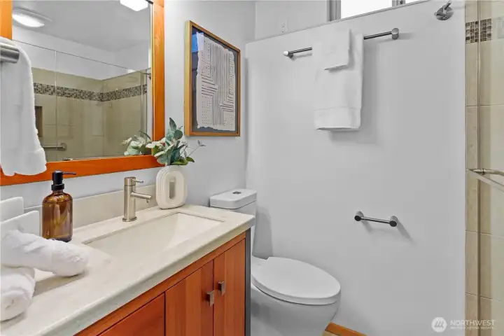 Lower-level 3/4 bathroom with custom tiled shower.