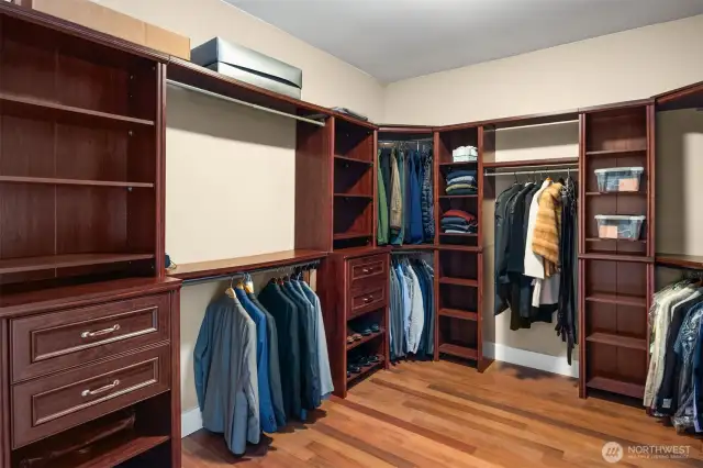 Main floor primary suite closet with built-ins