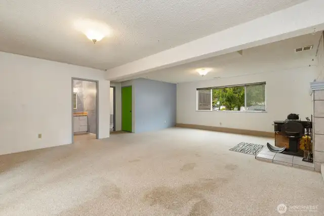 Large rec room on lower level with a wood stove.
