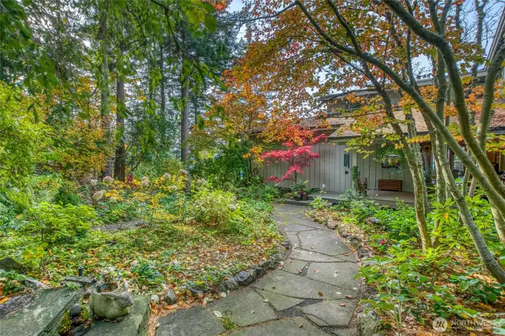 Pathway to front porch and lower level meanders through this lush, fenced in garden  with a mix of native, annual, perennial, deciduous and evergreens create patterns, texture and color all year.
